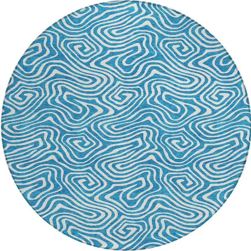 8' Teal Blue And Ivory Round Abstract Washable Indoor Outdoor Area Rug Photo 5