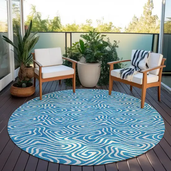 8' Teal Blue And Ivory Round Abstract Washable Indoor Outdoor Area Rug Photo 6