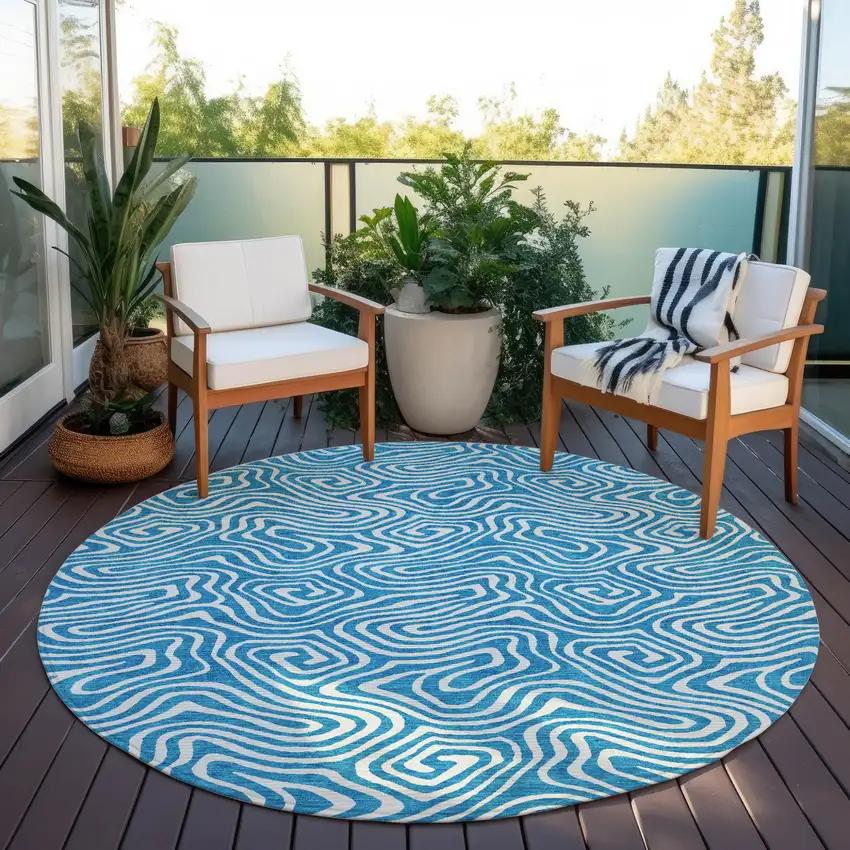 8' Teal Blue And Ivory Round Abstract Washable Indoor Outdoor Area Rug Photo 6