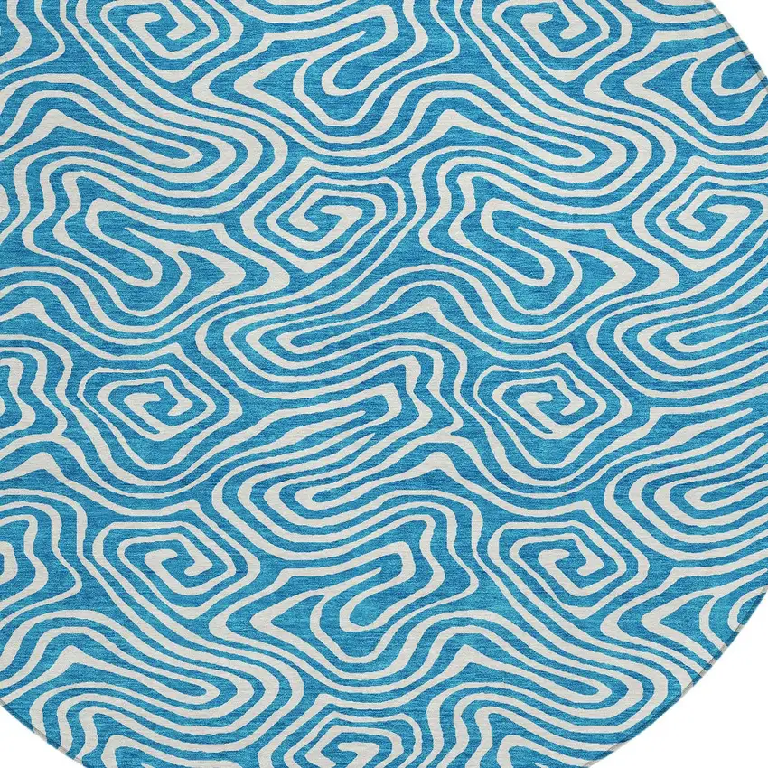 8' Teal Blue And Ivory Round Abstract Washable Indoor Outdoor Area Rug Photo 4