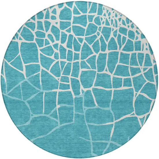 8' Teal Blue And Ivory Round Abstract Washable Indoor Outdoor Area Rug Photo 6