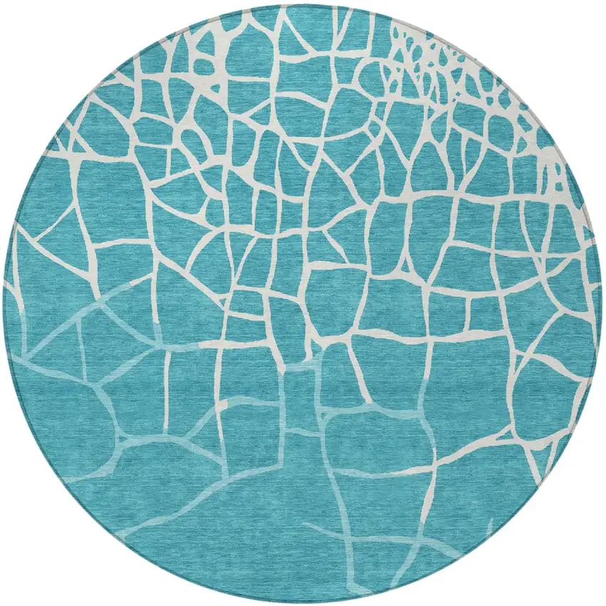 8' Teal Blue And Ivory Round Abstract Washable Indoor Outdoor Area Rug Photo 6