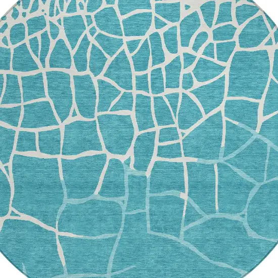 8' Teal Blue And Ivory Round Abstract Washable Indoor Outdoor Area Rug Photo 5