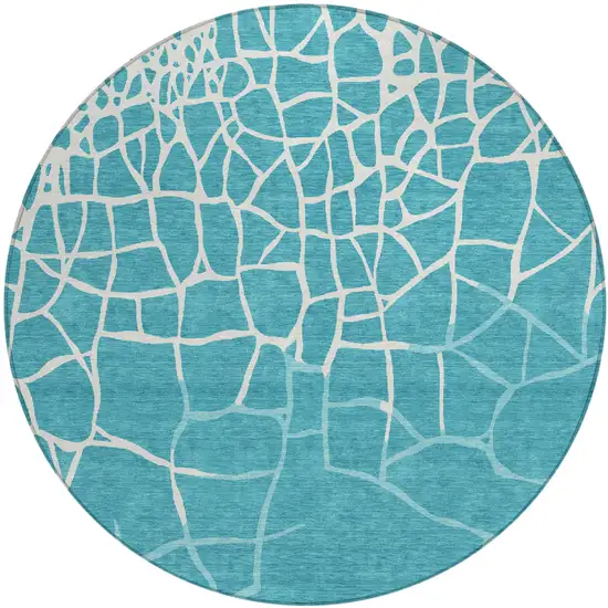 8' Teal Blue And Ivory Round Abstract Washable Indoor Outdoor Area Rug Photo 2