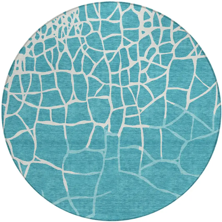 8' Teal Blue And Ivory Round Abstract Washable Indoor Outdoor Area Rug Photo 2