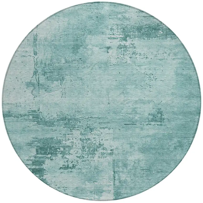 8' Teal Blue And Ivory Round Abstract Washable Indoor Outdoor Area Rug Photo 5