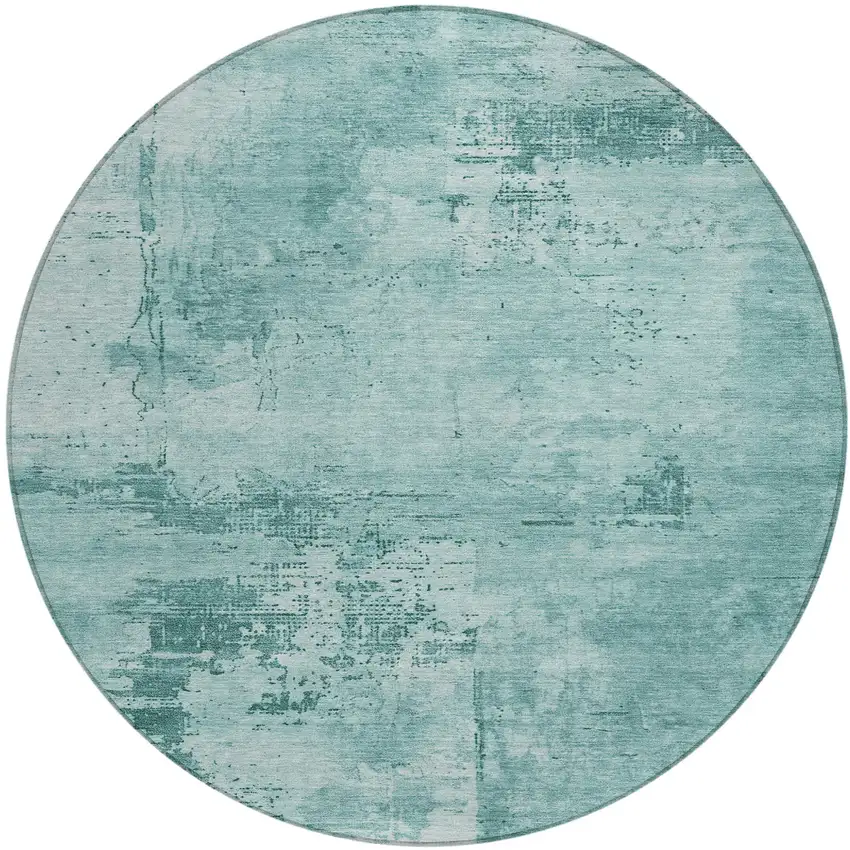 8' Teal Blue And Ivory Round Abstract Washable Indoor Outdoor Area Rug Photo 1