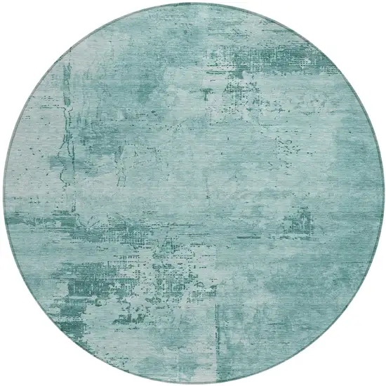 8' Teal Blue And Ivory Round Abstract Washable Indoor Outdoor Area Rug Photo 1