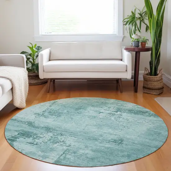 8' Teal Blue And Ivory Round Abstract Washable Indoor Outdoor Area Rug Photo 7