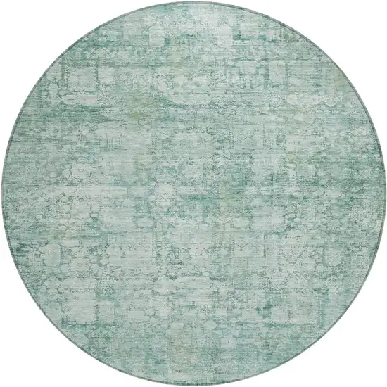 8' Teal Blue And Ivory Round Abstract Washable Indoor Outdoor Area Rug Photo 1