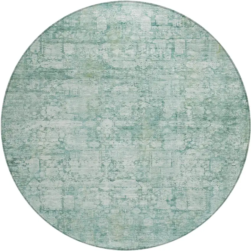 8' Teal Blue And Ivory Round Abstract Washable Indoor Outdoor Area Rug Photo 1