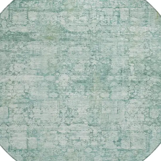8' Teal Blue And Ivory Round Abstract Washable Indoor Outdoor Area Rug Photo 5