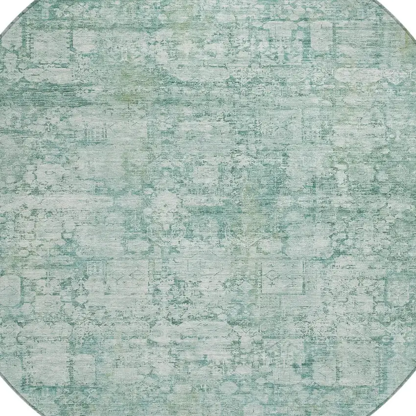 8' Teal Blue And Ivory Round Abstract Washable Indoor Outdoor Area Rug Photo 5