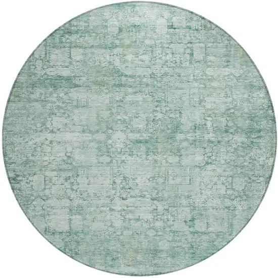 8' Teal Blue And Ivory Round Abstract Washable Indoor Outdoor Area Rug Photo 2