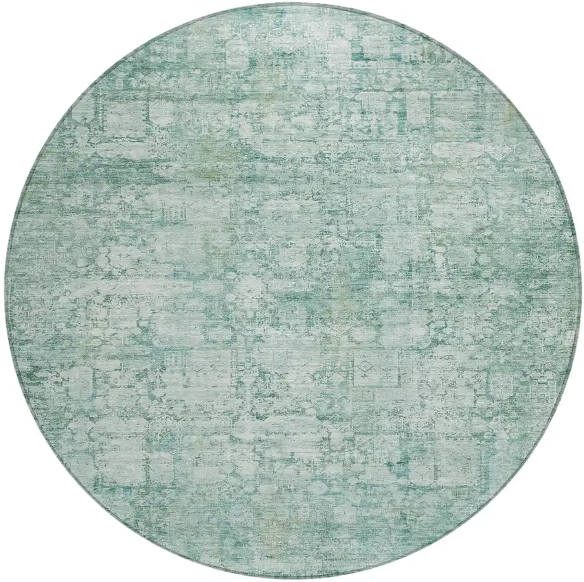8' Teal Blue And Ivory Round Abstract Washable Indoor Outdoor Area Rug Photo 2