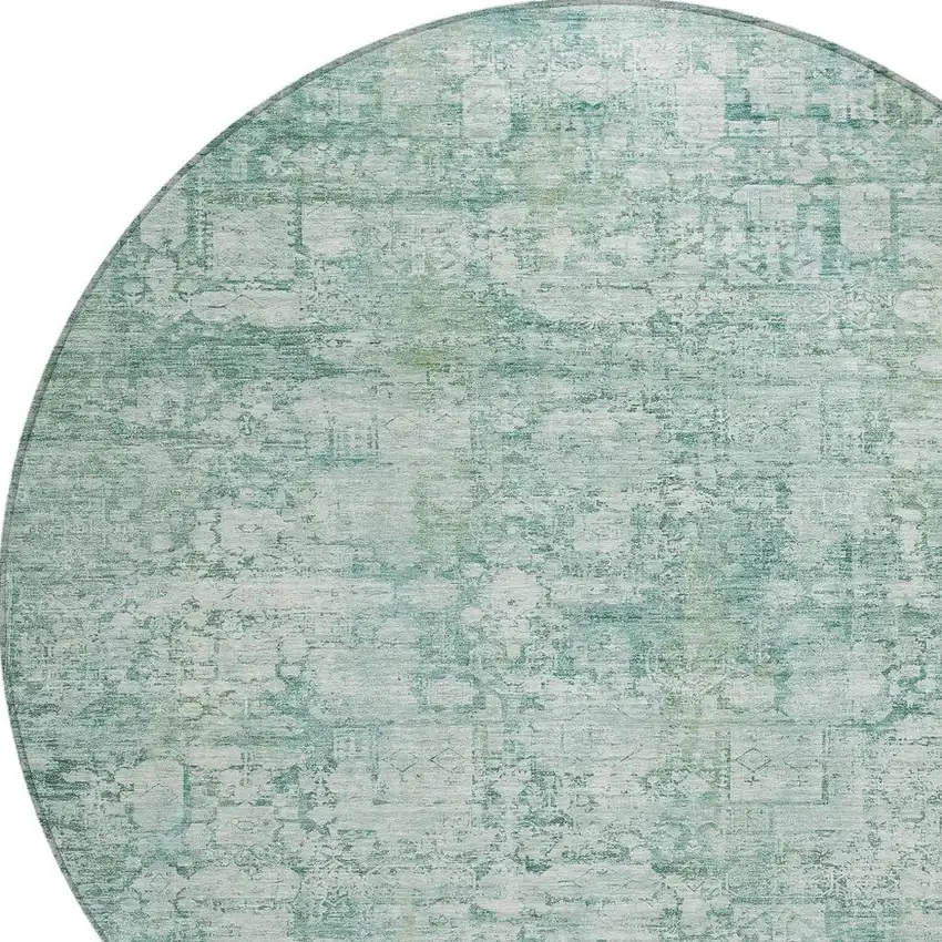 8' Teal Blue And Ivory Round Abstract Washable Indoor Outdoor Area Rug Photo 4