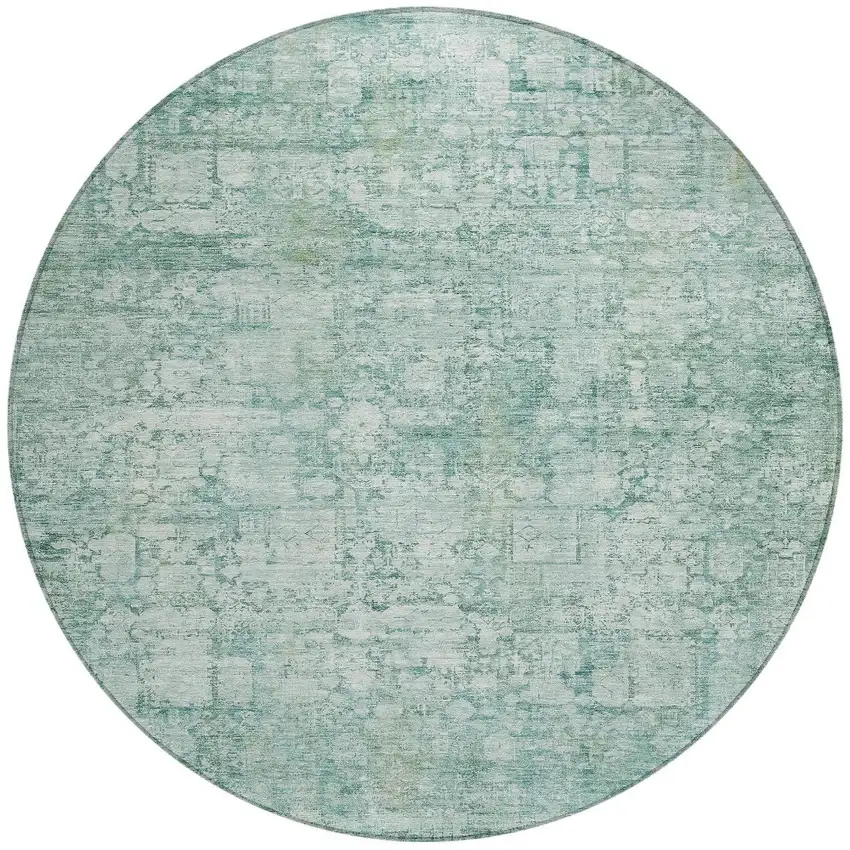 8' Teal Blue And Ivory Round Abstract Washable Indoor Outdoor Area Rug Photo 3