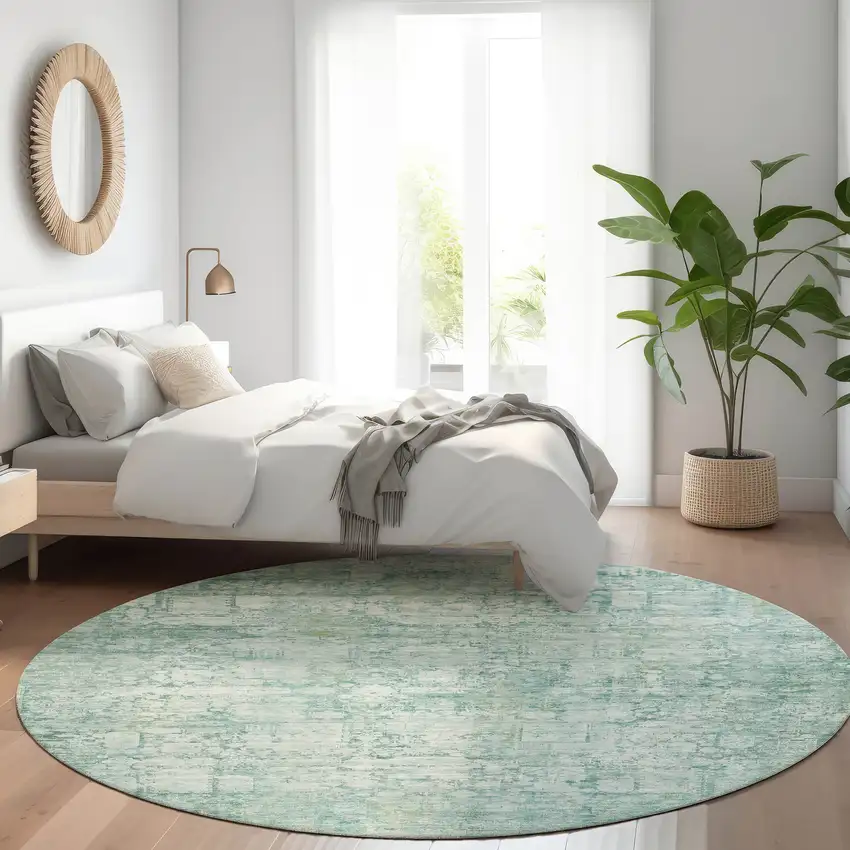 8' Teal Blue And Ivory Round Abstract Washable Indoor Outdoor Area Rug Photo 6