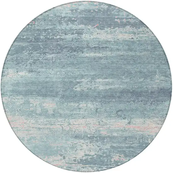 8' Teal Blue And Ivory Round Abstract Washable Indoor Outdoor Area Rug Photo 4