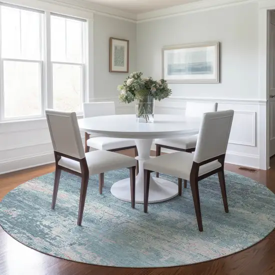 8' Teal Blue And Ivory Round Abstract Washable Indoor Outdoor Area Rug Photo 6