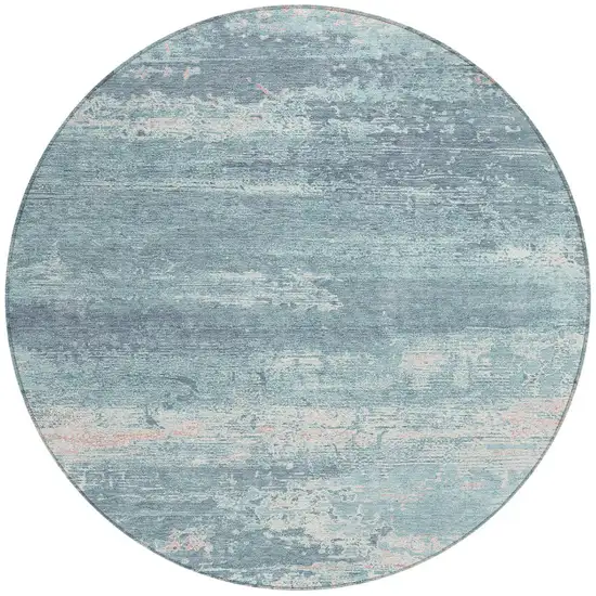 8' Teal Blue And Ivory Round Abstract Washable Indoor Outdoor Area Rug Photo 3