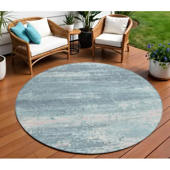 8' Teal Blue And Ivory Round Abstract Washable Indoor Outdoor Area Rug Photo 2