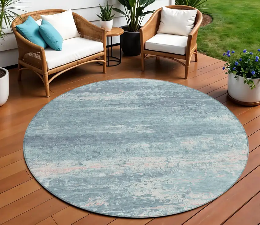 8' Teal Blue And Ivory Round Abstract Washable Indoor Outdoor Area Rug Photo 2