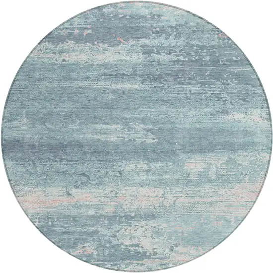 8' Teal Blue And Ivory Round Abstract Washable Indoor Outdoor Area Rug Photo 1