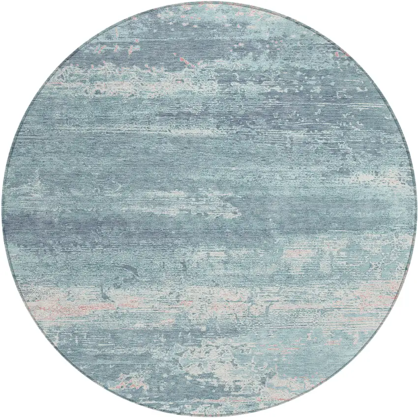 8' Teal Blue And Ivory Round Abstract Washable Indoor Outdoor Area Rug Photo 1