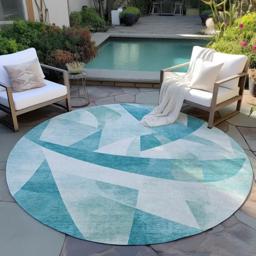 8' Teal Blue And Ivory Round Abstract Washable Indoor Outdoor Area Rug Photo 5
