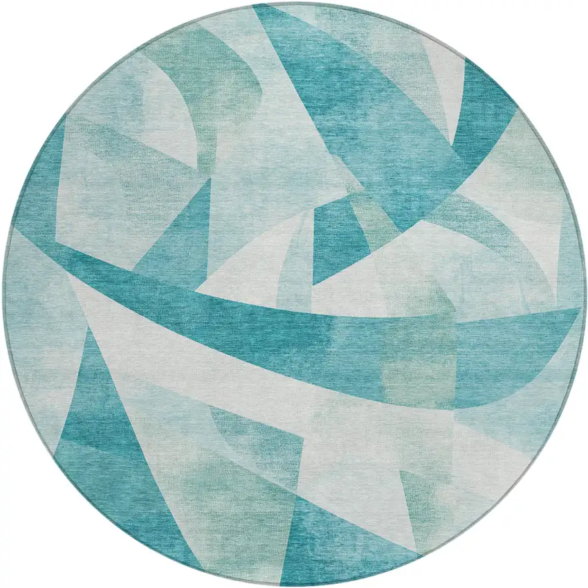 8' Teal Blue And Ivory Round Abstract Washable Indoor Outdoor Area Rug Photo 1