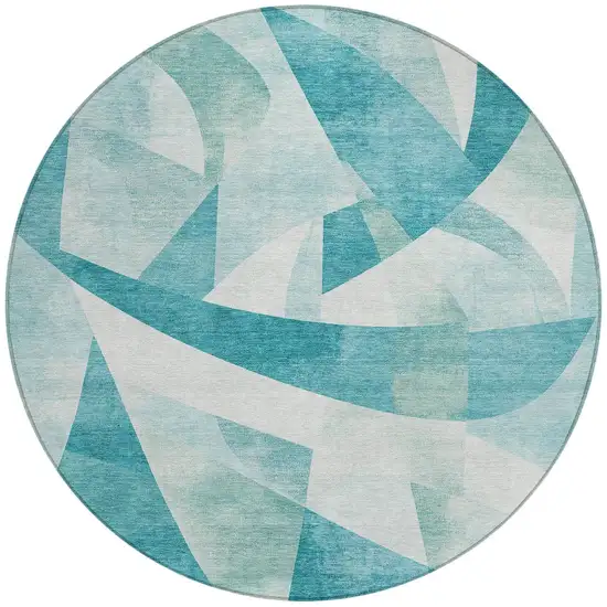 8' Teal Blue And Ivory Round Abstract Washable Indoor Outdoor Area Rug Photo 3