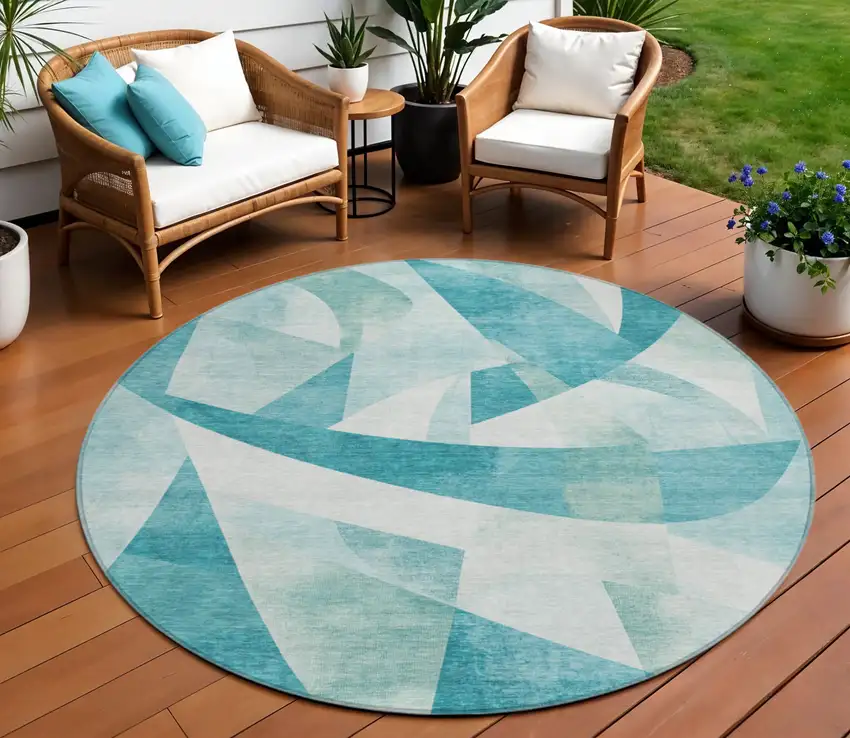 8' Teal Blue And Ivory Round Abstract Washable Indoor Outdoor Area Rug Photo 2