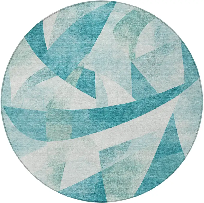 8' Teal Blue And Ivory Round Abstract Washable Indoor Outdoor Area Rug Photo 4