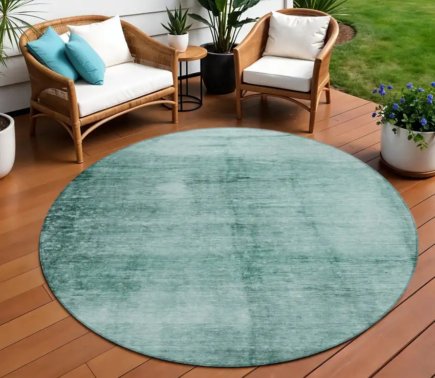 8' Teal Blue And Ivory Round Abstract Washable Indoor Outdoor Area Rug Photo 2