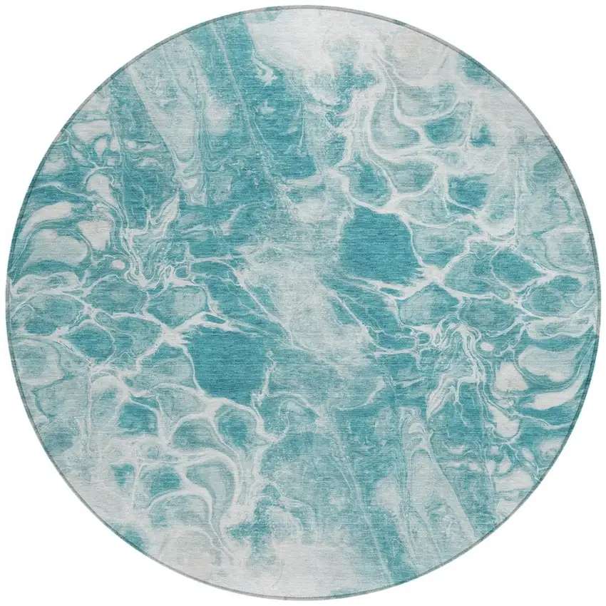 8' Teal Blue And Ivory Round Abstract Washable Indoor Outdoor Area Rug Photo 3