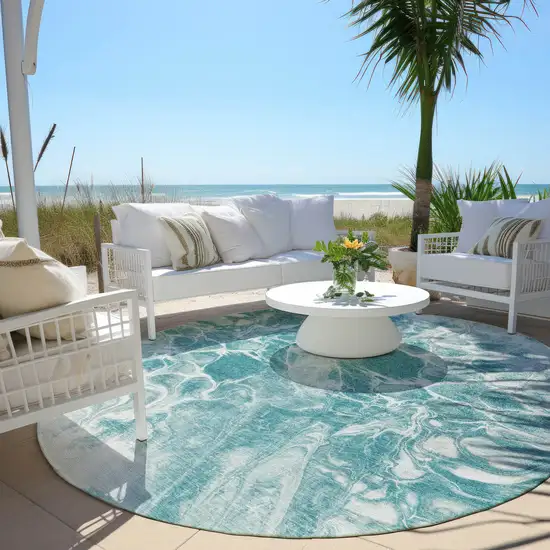 8' Teal Blue And Ivory Round Abstract Washable Indoor Outdoor Area Rug Photo 5