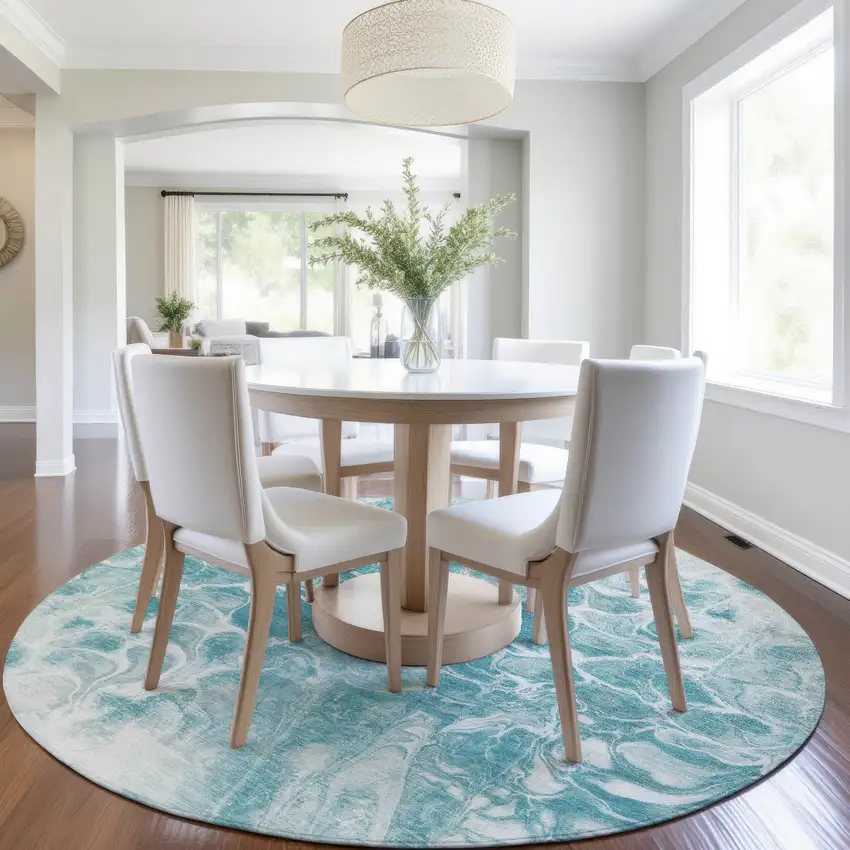 8' Teal Blue And Ivory Round Abstract Washable Indoor Outdoor Area Rug Photo 6