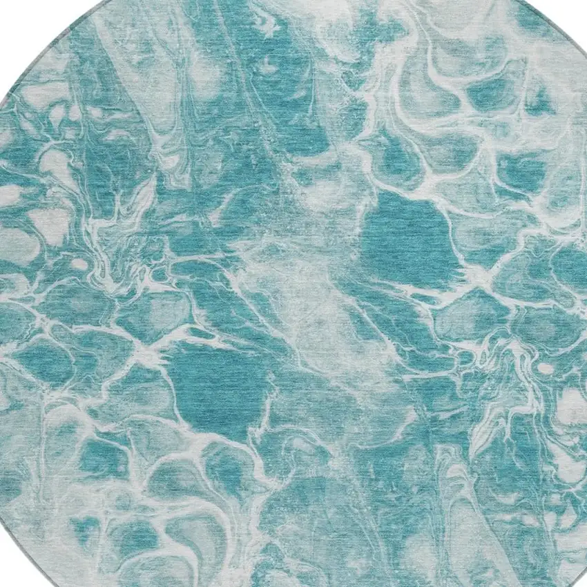 8' Teal Blue And Ivory Round Abstract Washable Indoor Outdoor Area Rug Photo 4