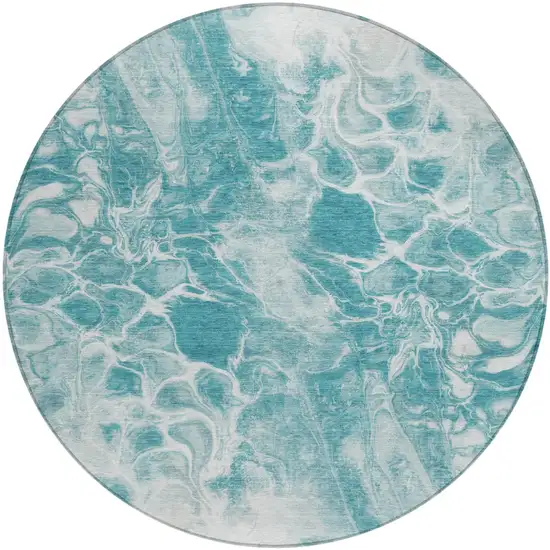 8' Teal Blue And Ivory Round Abstract Washable Indoor Outdoor Area Rug Photo 1