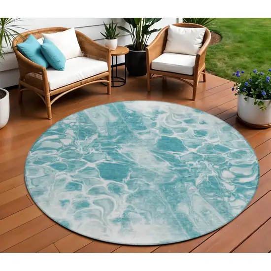 8' Teal Blue And Ivory Round Abstract Washable Indoor Outdoor Area Rug Photo 2