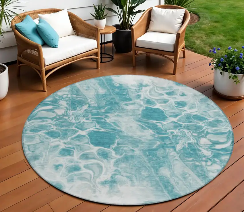 8' Teal Blue And Ivory Round Abstract Washable Indoor Outdoor Area Rug Photo 2