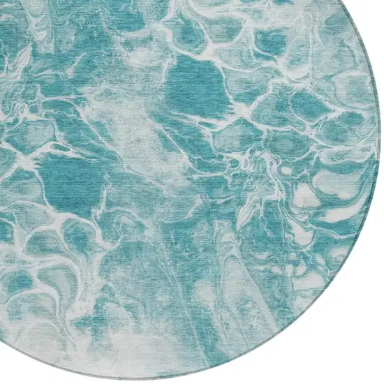 8' Teal Blue And Ivory Round Abstract Washable Indoor Outdoor Area Rug Photo 8