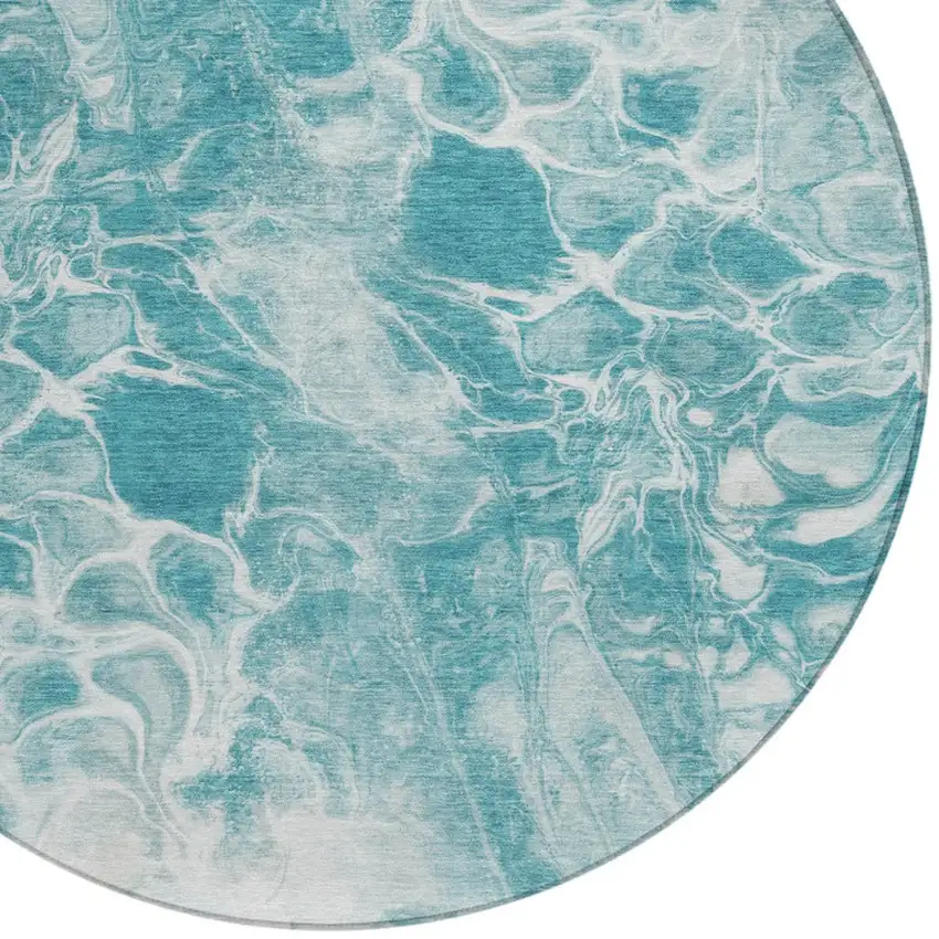 8' Teal Blue And Ivory Round Abstract Washable Indoor Outdoor Area Rug Photo 8