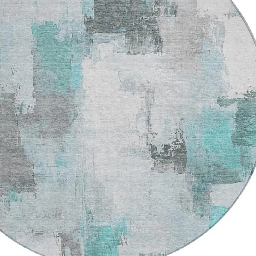 8' Teal Blue And Ivory Round Abstract Washable Indoor Outdoor Area Rug Photo 8