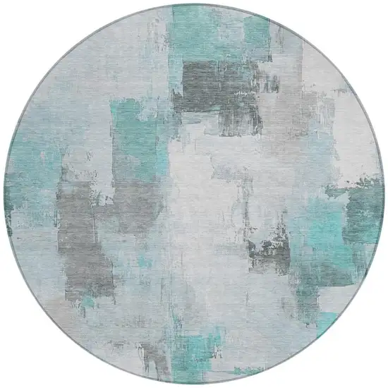 8' Teal Blue And Ivory Round Abstract Washable Indoor Outdoor Area Rug Photo 3