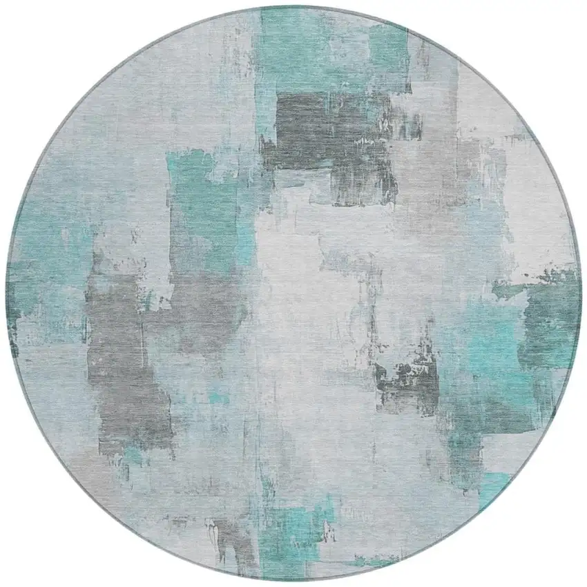 8' Teal Blue And Ivory Round Abstract Washable Indoor Outdoor Area Rug Photo 3