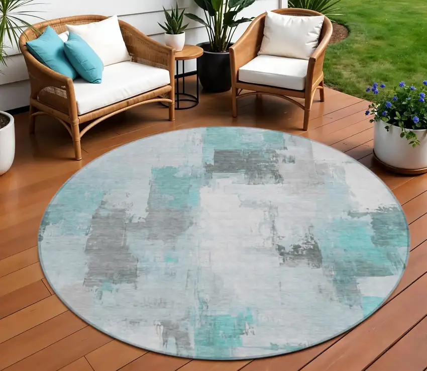 8' Teal Blue And Ivory Round Abstract Washable Indoor Outdoor Area Rug Photo 2