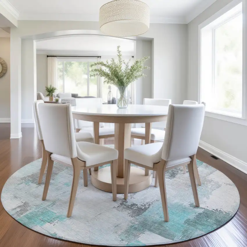 8' Teal Blue And Ivory Round Abstract Washable Indoor Outdoor Area Rug Photo 6