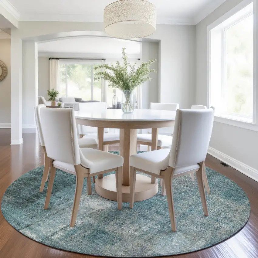 8' Teal Blue And Ivory Round Abstract Washable Indoor Outdoor Area Rug Photo 6